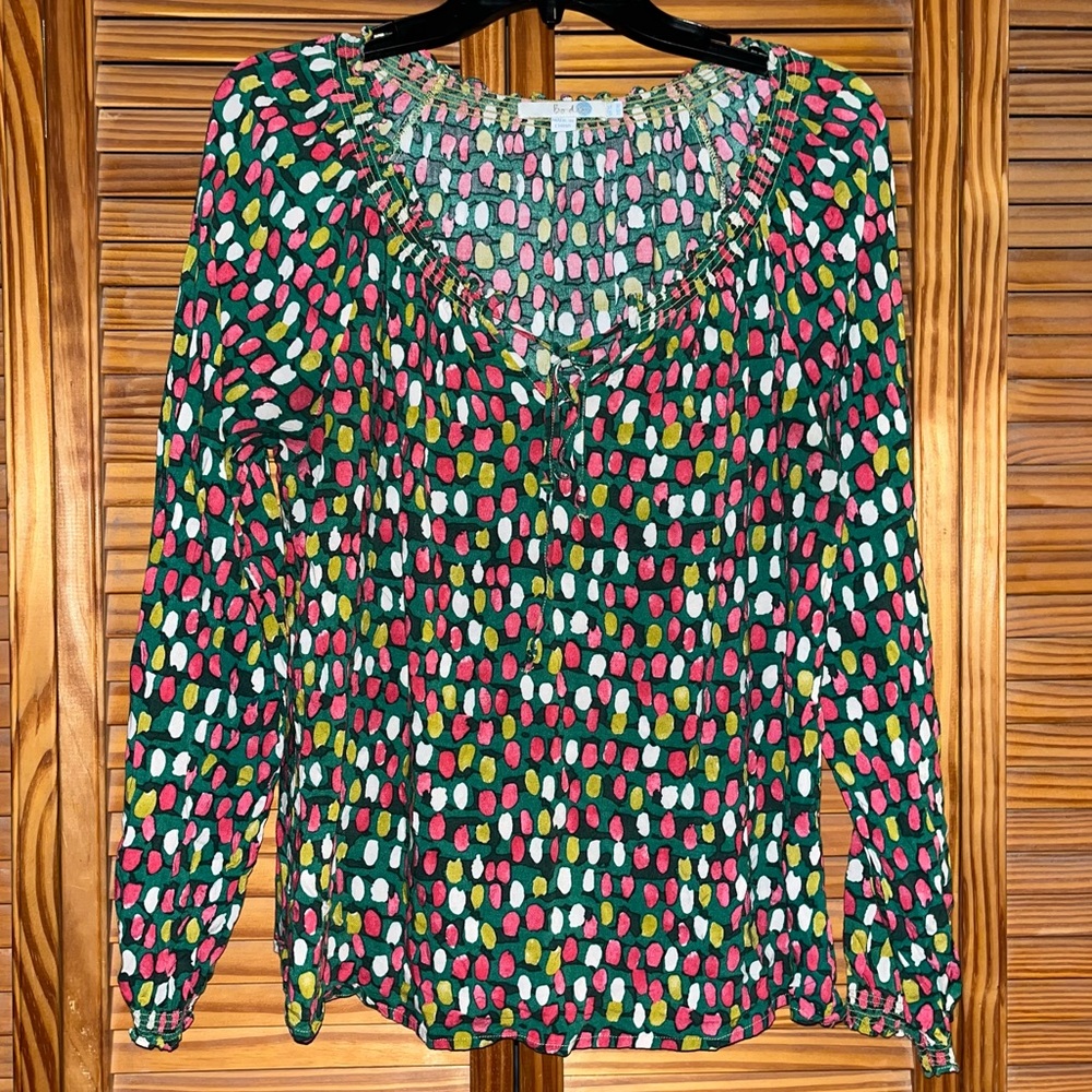 Boden Polka Dot Print Green Viscose Long Sleeve Tie Smocked Neckline Size‎ 10